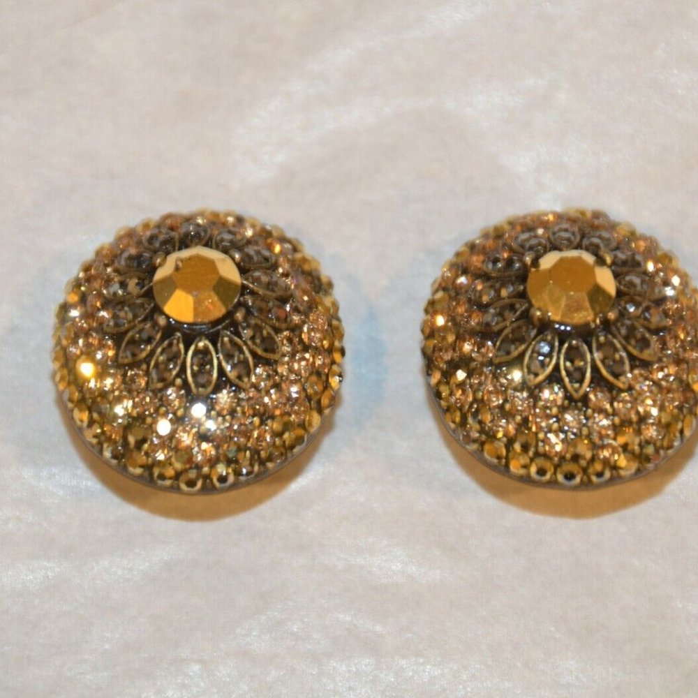 EVENING STATEMENT HOLIDAY JOSE & MARIA BARRERA BROWN GOLD OVAL CRYSTAL EARRINGS - Picture 2 of 10